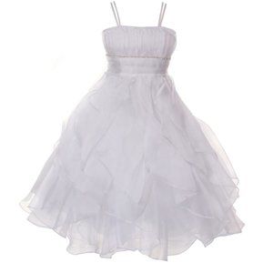 White Rhinestone-Waisted Party Dress w/ Ruffles, Flower Girl, Wedding, Communion